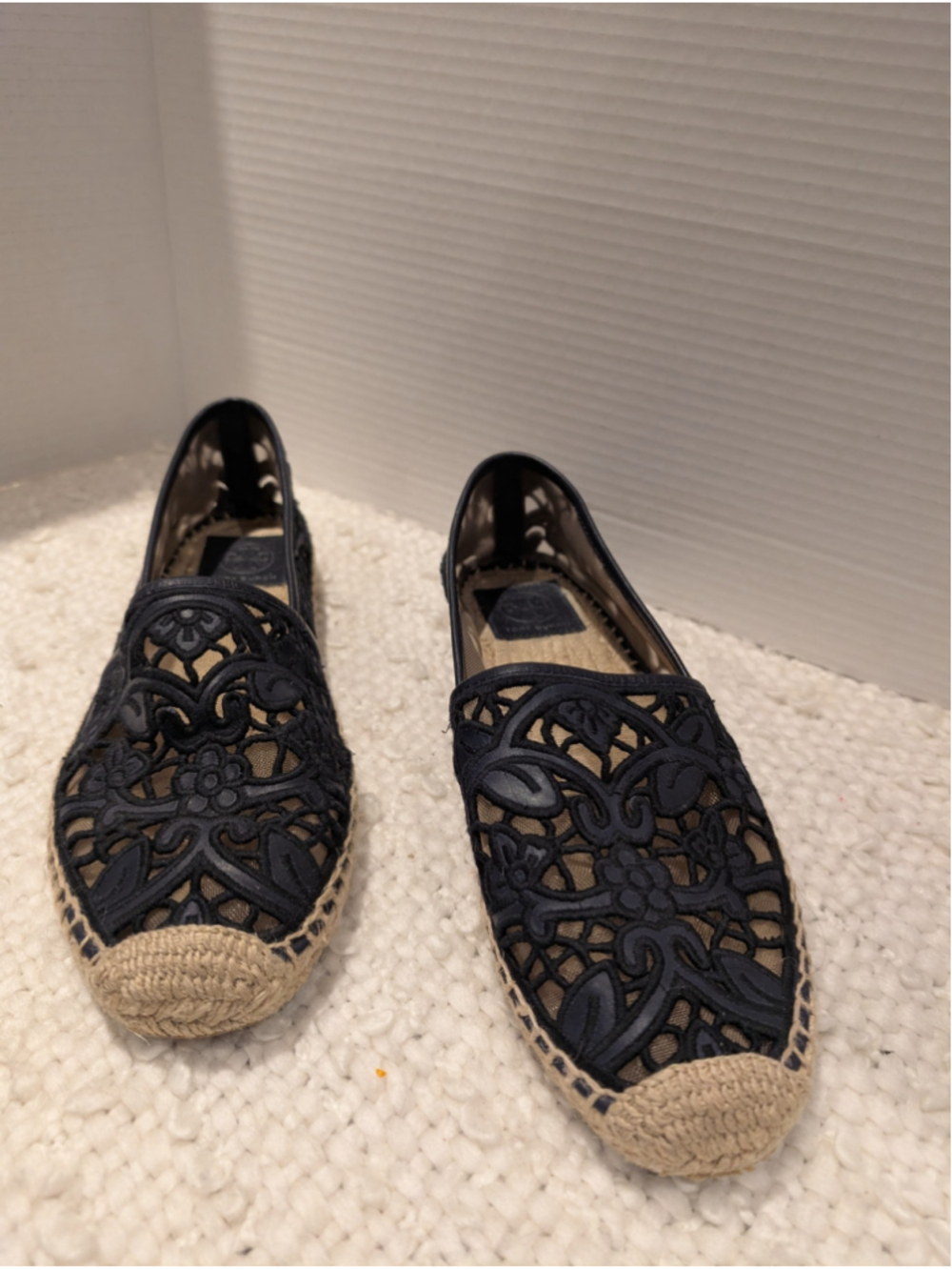 Women's Tory Burch Espadrilles Size 11 Navy Blue Beige Lace Cutout Flats